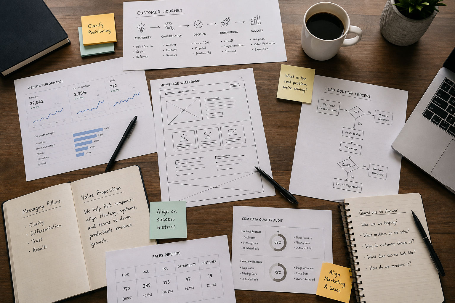 Overhead desk with website wireframes, customer journey maps, CRM workflows, analytics, notes, and planning materials representing website strategy.